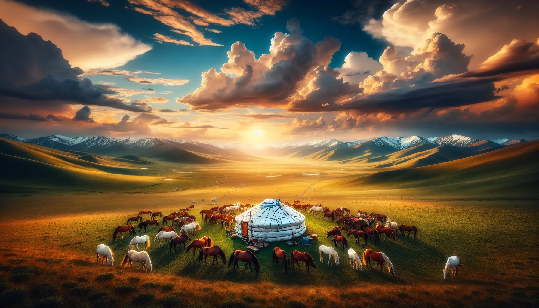 Paysage des steppes mongoles avec yourte traditionnelle et chevaux